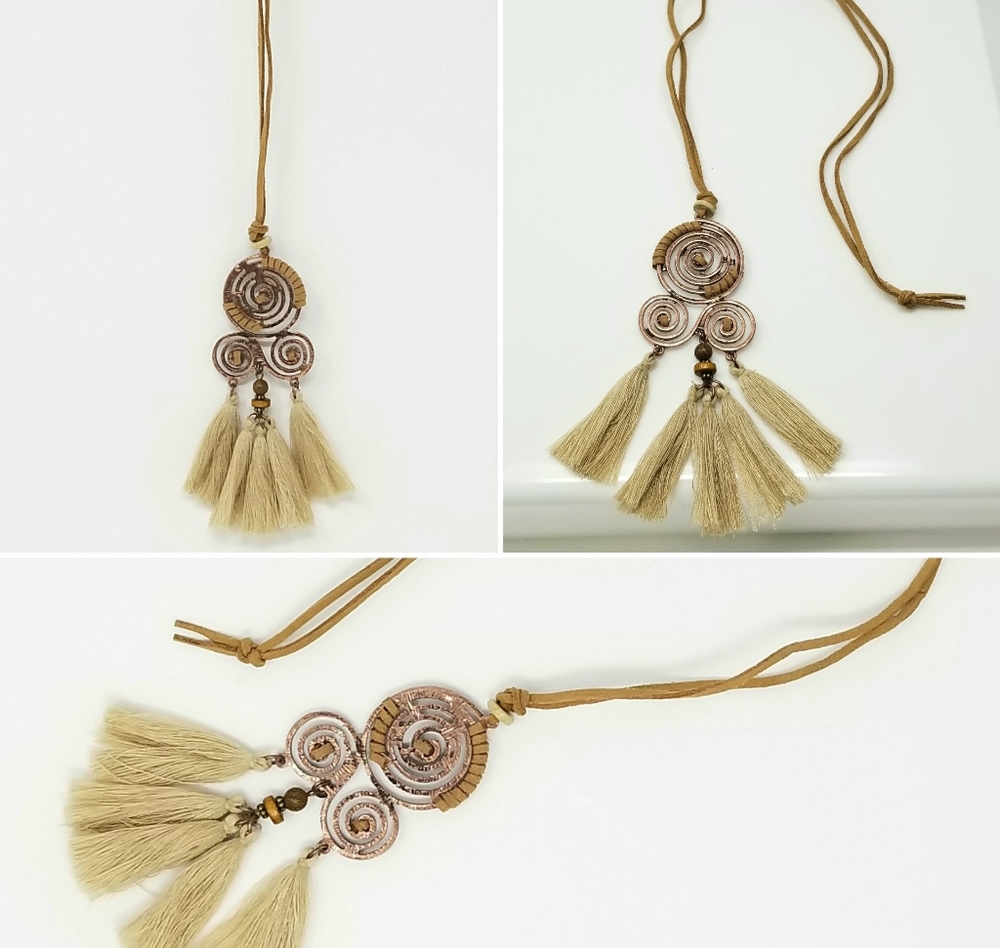Boho Fringe Necklace - Tan Fringe and Beads